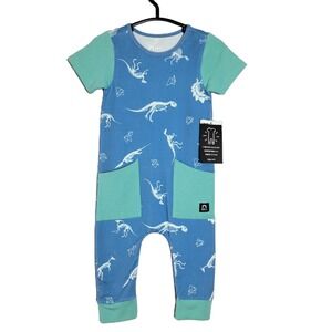 Rags Snapless Romper Kids 6-12 Months Blue Mint Dinosaur Skeleton Fossil NWT